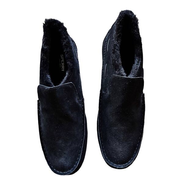 SPERRY Moc-Sider Black Suede Moccasin Faux Fur Lining Men Loafers Comfort 12 NWT